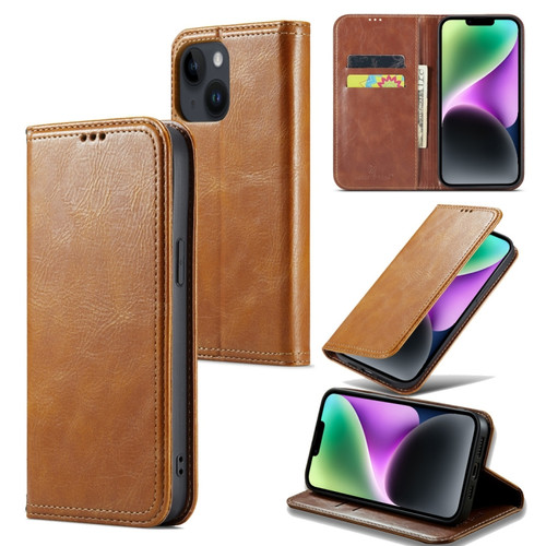 iPhone 15 Fierre Shann Vintage Bark Texture Wallet Leather Phone Case - Khaki