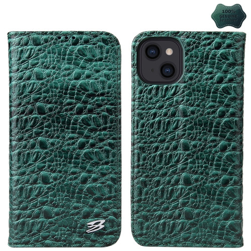 iPhone 15 Plus Fierre Shann Crocodile Texture Magnetic Genuine Leather Phone Case - Green