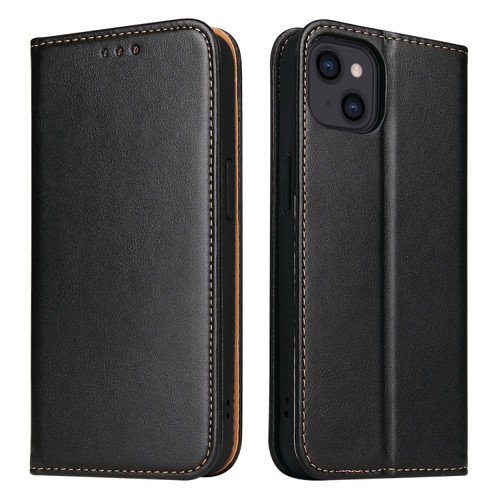 iPhone 15 Plus Fierre Shann PU Genuine Leather Texture Phone Case - Black