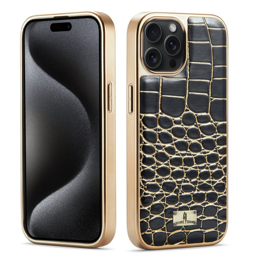 iPhone 15 Pro Fierre Shann Crocodile Texture Electroplating PU Phone Case - Black