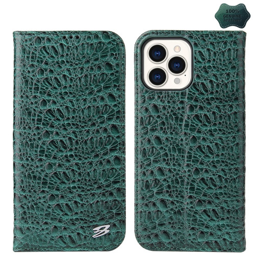 iPhone 15 Pro Fierre Shann Crocodile Texture Magnetic Genuine Leather Phone Case - Green