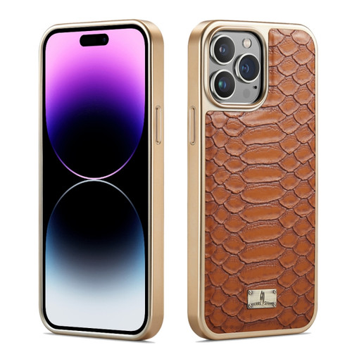 iPhone 15 Pro Fierre Shann Python Texture Electroplating PU Phone Case - Brown