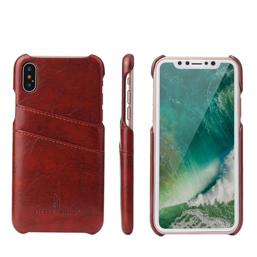 iPhone X / XS Fierre Shann Retro Oil Wax Texture PU Leather Case with Card Slots - Brown