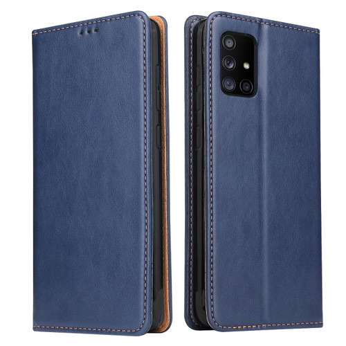 Samsung Galaxy A71 5G Fierre Shann PU Genuine Leather Texture Horizontal Flip Leather Case with Holder & Card Slots & Wallet - Blue