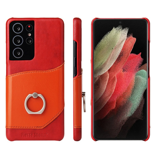 Samsung Galaxy S21 Ultra 5G Fierre Shann Oil Wax Texture Genuine Leather Back Cover Case with 360 Degree Rotation Holder & Card Slot - Red