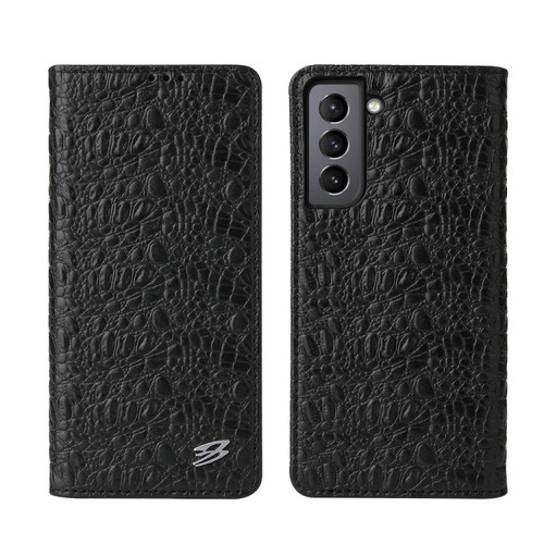 Samsung Galaxy S21+ 5G Fierre Shann Crocodile Texture Magnetic Horizontal Flip Genuine Leather Case with Holder & Card Slot - Black