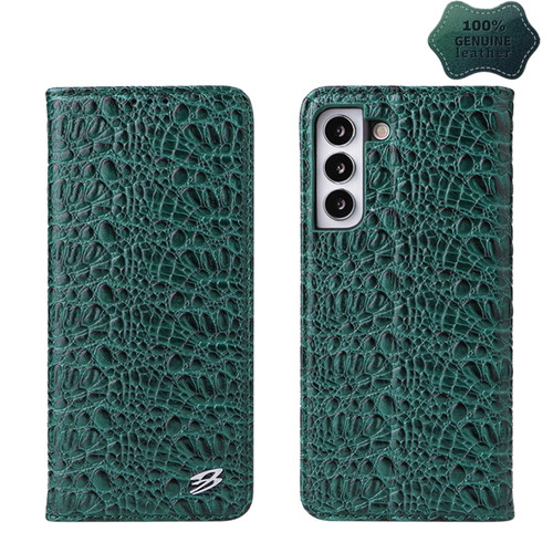 Samsung Galaxy S22 5G Fierre Shann Crocodile Texture Magnetic Genuine Leather Phone Case - Green