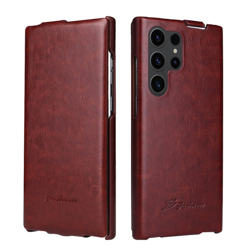 Samsung Galaxy S23 Ultra 5G Fierre Shann 64 Texture Vertical Flip PU Leather Phone Case - Brown