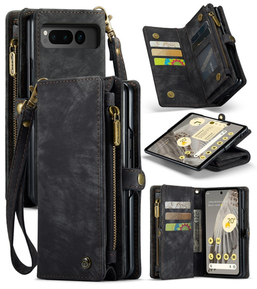 Google Pixel Fold CaseMe 008 Detachable Multifunctional Retro Frosted Horizontal Flip Phone Leather Case with Zipper Wallet - Black