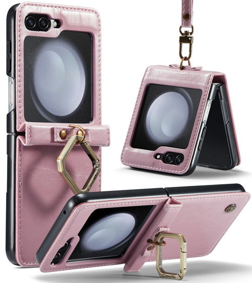 Samsung Galaxy Z Flip5 CaseMe 003 PU + PC Business Style Crazy Horse Texture Ring Leather Phone Case with Lanyard - Pink