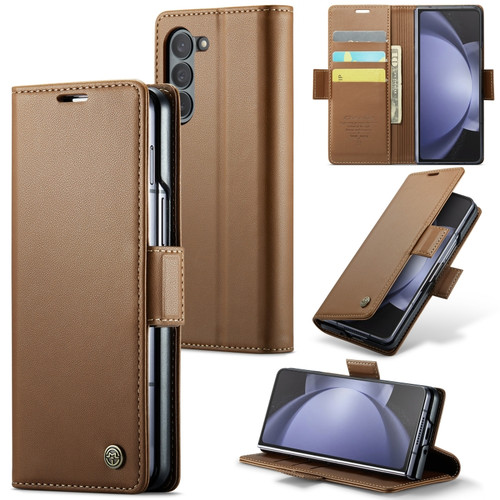 Samsung Galaxy Z Fold5 CaseMe 023 Butterfly Buckle Litchi Texture RFID Anti-theft Leather Phone Case - Brown