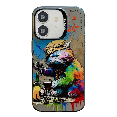 iPhone 12 Animal Pattern Oil Painting Series PC + TPU Phone Case - Drinking Cat