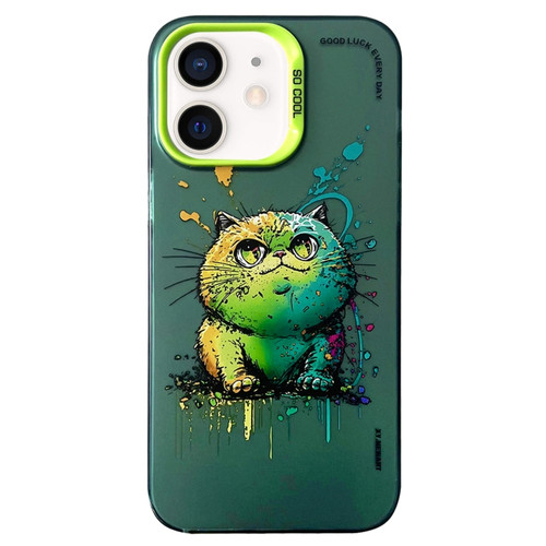 iPhone 12 Double Layer Color Silver Series Animal Oil Painting Phone Case - Green Cat