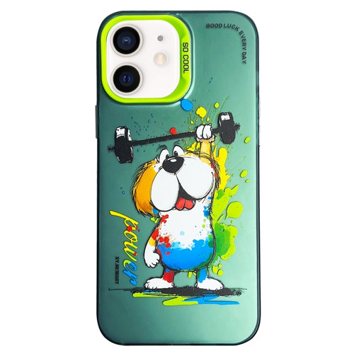 iPhone 12 Double Layer Color Silver Series Animal Oil Painting Phone Case - Weightlifting Dog