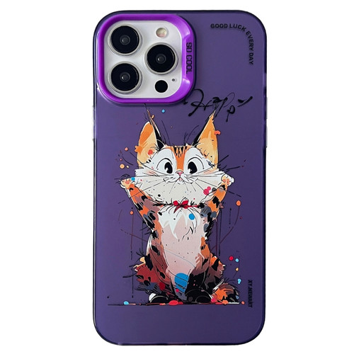 iPhone 13 Pro Max Double Layer Color Silver Series Animal Oil Painting Phone Case - Cuddle Cat