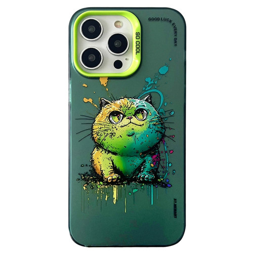 iPhone 13 Pro Max Double Layer Color Silver Series Animal Oil Painting Phone Case - Green Cat