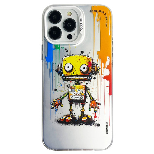 iPhone 14 Pro Max Double Layer Color Silver Series Animal Oil Painting Phone Case - Robot