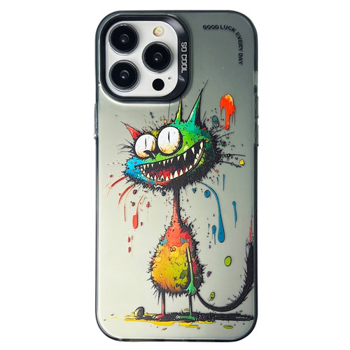 iPhone 14 Pro Max Double Layer Color Silver Series Animal Oil Painting Phone Case - Big Eyed Cat