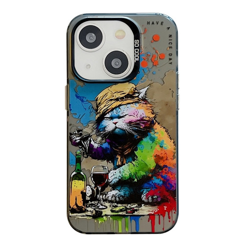 iPhone 15 Animal Pattern Oil Painting Series PC + TPU Phone Case - Drinking Cat