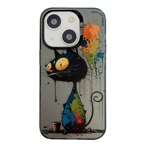 iPhone 15 Animal Pattern Oil Painting Series PC + TPU Phone Case - Black Cat