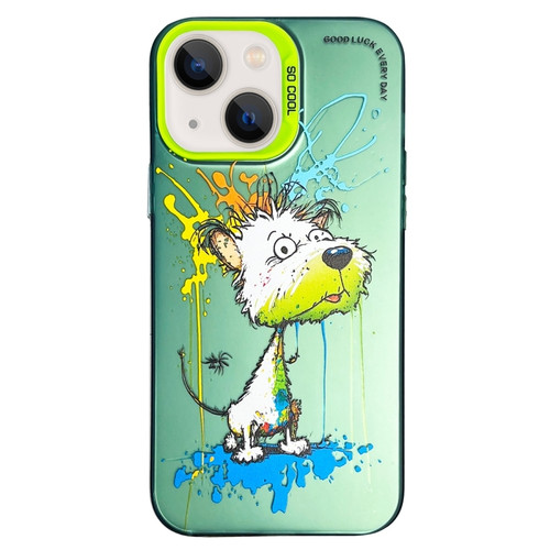 iPhone 15 Double Layer Color Silver Series Animal Oil Painting Phone Case - White Dog