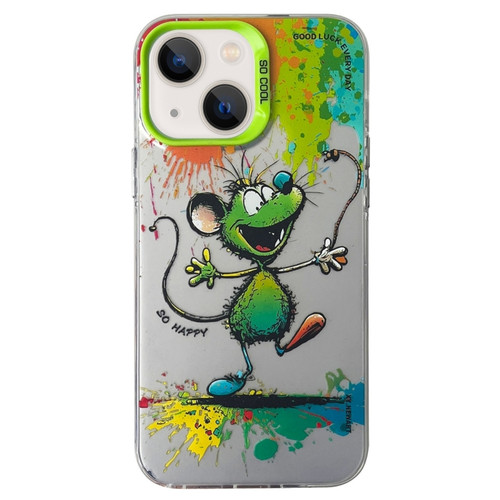 iPhone 15 Double Layer Color Silver Series Animal Oil Painting Phone Case - Happy Mouse