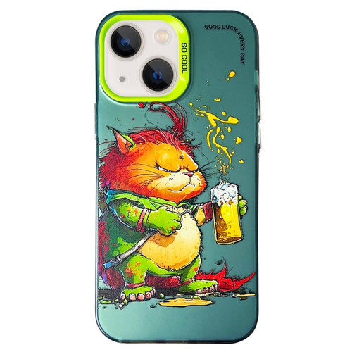 iPhone 15 Double Layer Color Silver Series Animal Oil Painting Phone Case - Beer Cat