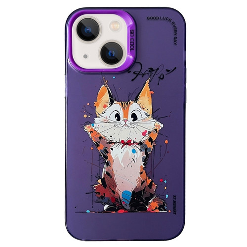 iPhone 15 Plus Double Layer Color Silver Series Animal Oil Painting Phone Case - Cuddle Cat