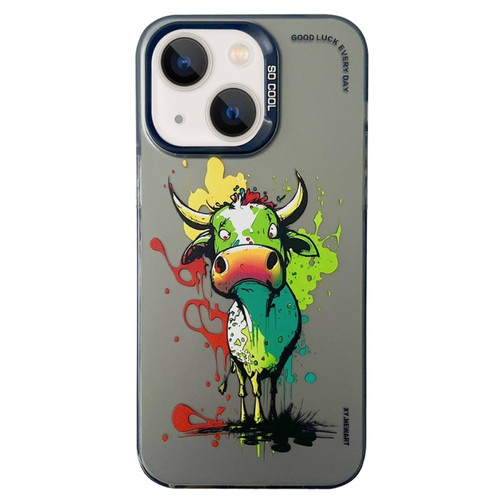 iPhone 15 Plus Double Layer Color Silver Series Animal Oil Painting Phone Case - Zodiac Ox