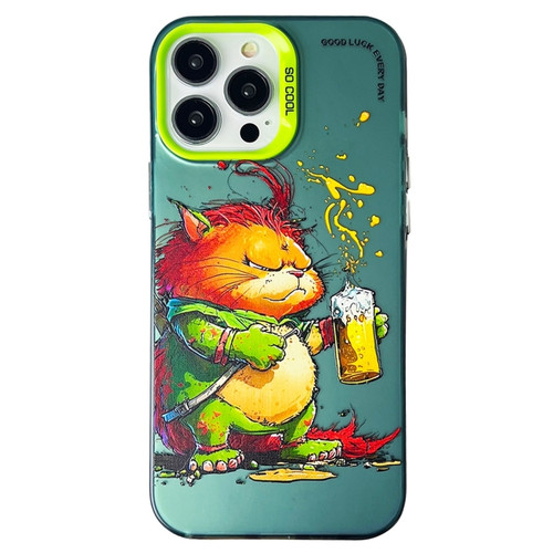 iPhone 15 Pro Double Layer Color Silver Series Animal Oil Painting Phone Case - Beer Cat