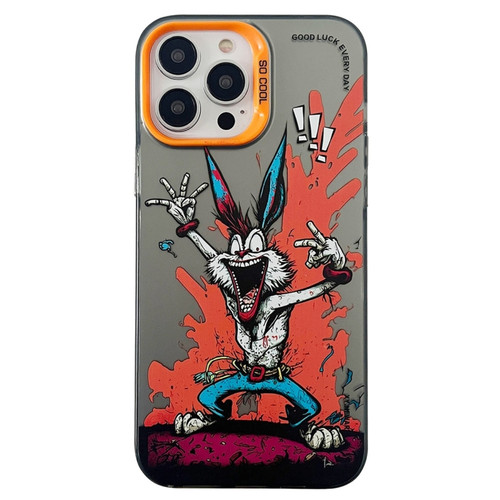 iPhone 15 Pro Max Double Layer Color Silver Series Animal Oil Painting Phone Case - Gesture Rabbit