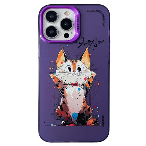 iPhone 15 Pro Max Double Layer Color Silver Series Animal Oil Painting Phone Case - Cuddle Cat