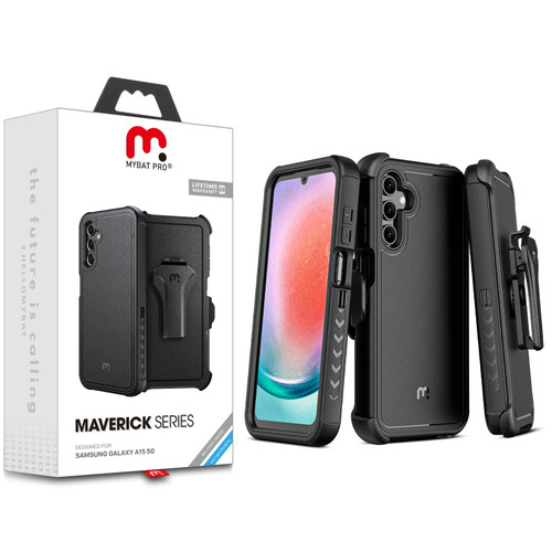 MyBat Pro Antimicrobial Maverick Series Case with Holster for Samsung Galaxy A15 5G - Black / Black