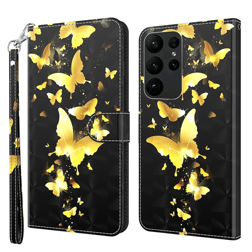 Samsung Galaxy S24 Ultra 5G 3D Painting Pattern Flip Leather Phone Case - Gold Butterfly