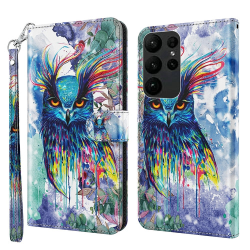 Samsung Galaxy S24 Ultra 5G 3D Painting Pattern Flip Leather Phone Case - Watercolor Owl