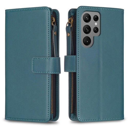 Samsung Galaxy S24 Ultra 5G 9 Card Slots Zipper Wallet Leather Flip Phone Case - Green