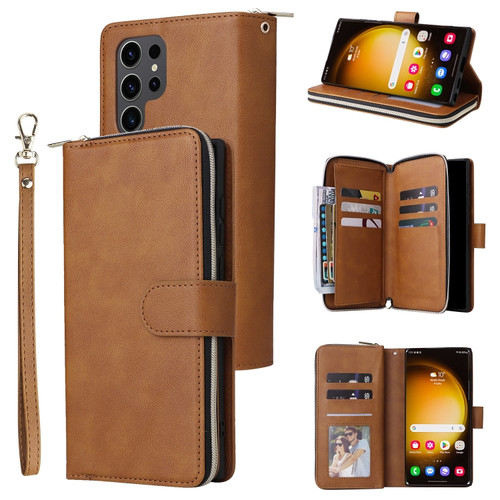 Samsung Galaxy S24 Ultra 5G 9-Card Slots Zipper Wallet Bag Leather Phone Case - Brown