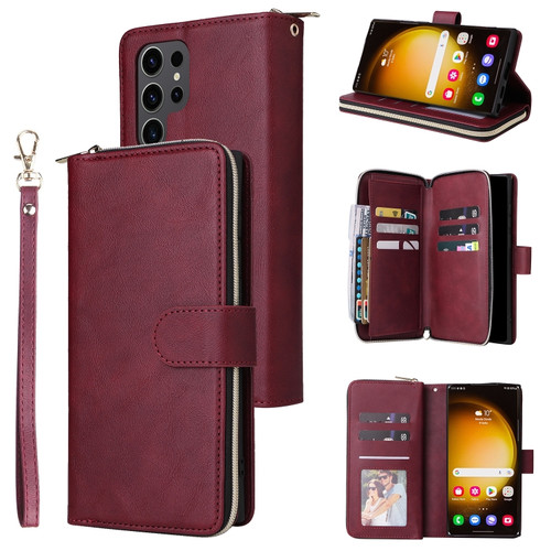 Samsung Galaxy S24 Ultra 5G 9-Card Slots Zipper Wallet Bag Leather Phone Case - Wine Red