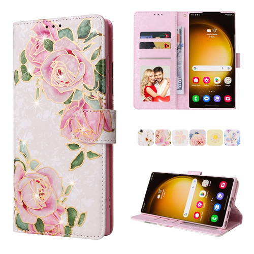 Samsung Galaxy S24 Ultra 5G Bronzing Painting RFID Leather Case - Rose Flower