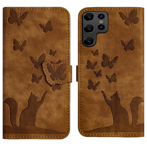 Samsung Galaxy S24 Ultra 5G Butterfly Cat Embossing Flip Leather Phone Case - Brown