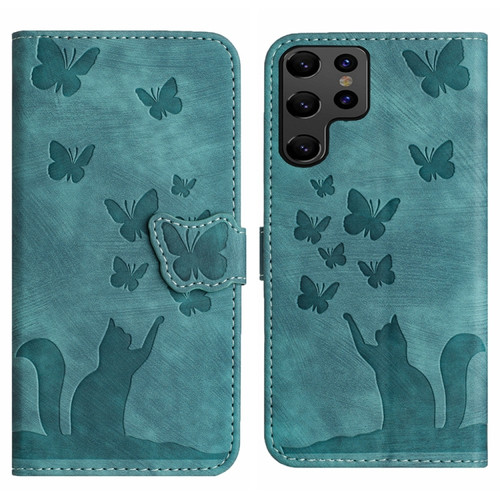 Samsung Galaxy S24 Ultra 5G Butterfly Cat Embossing Flip Leather Phone Case - Wathet