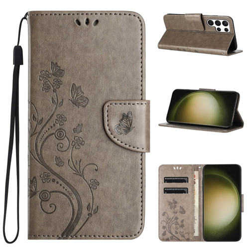 Samsung Galaxy S24 Ultra 5G Butterfly Flower Pattern Flip Leather Phone Case - Grey