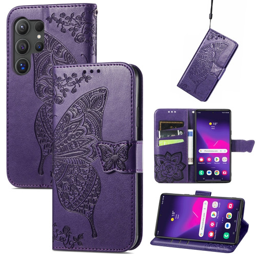 Samsung Galaxy S24 Ultra 5G Butterfly Love Flower Embossed Leather Phone Case - Dark Purple