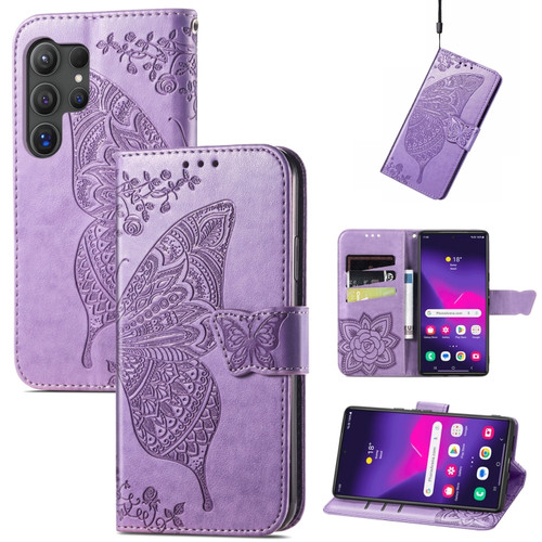 Samsung Galaxy S24 Ultra 5G Butterfly Love Flower Embossed Leather Phone Case - Light Purple