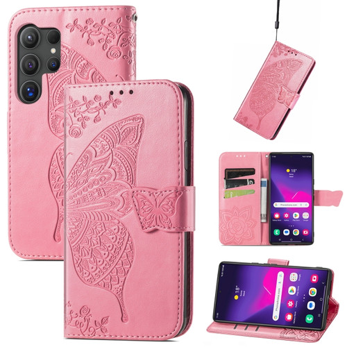 Samsung Galaxy S24 Ultra 5G Butterfly Love Flower Embossed Leather Phone Case - Pink