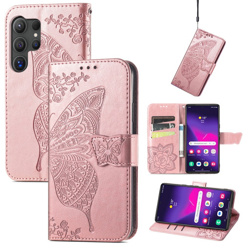 Samsung Galaxy S24 Ultra 5G Butterfly Love Flower Embossed Leather Phone Case - Rose Gold