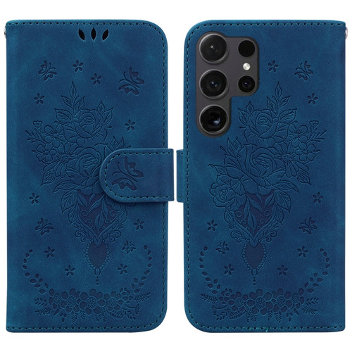 Samsung Galaxy S24 Ultra 5G Butterfly Rose Embossed Leather Phone Case - Blue