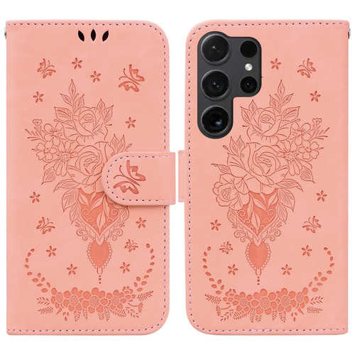 Samsung Galaxy S24 Ultra 5G Butterfly Rose Embossed Leather Phone Case - Pink