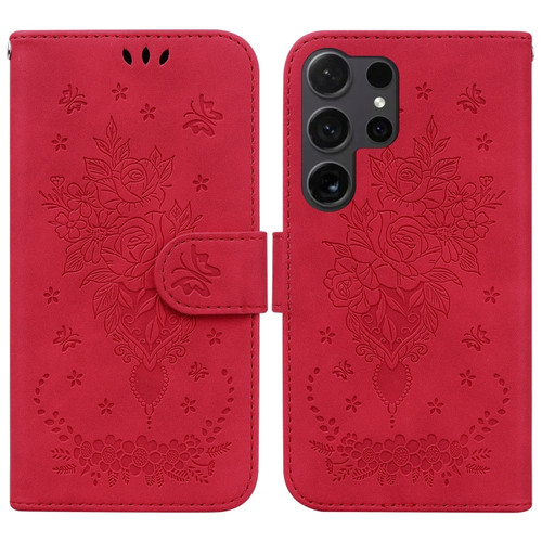 Samsung Galaxy S24 Ultra 5G Butterfly Rose Embossed Leather Phone Case - Red