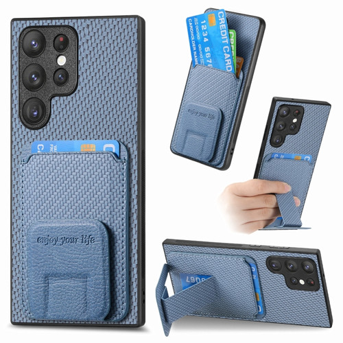 Samsung Galaxy S24 Ultra 5G Carbon Fiber Card Bag Fold Stand Phone Case - Blue